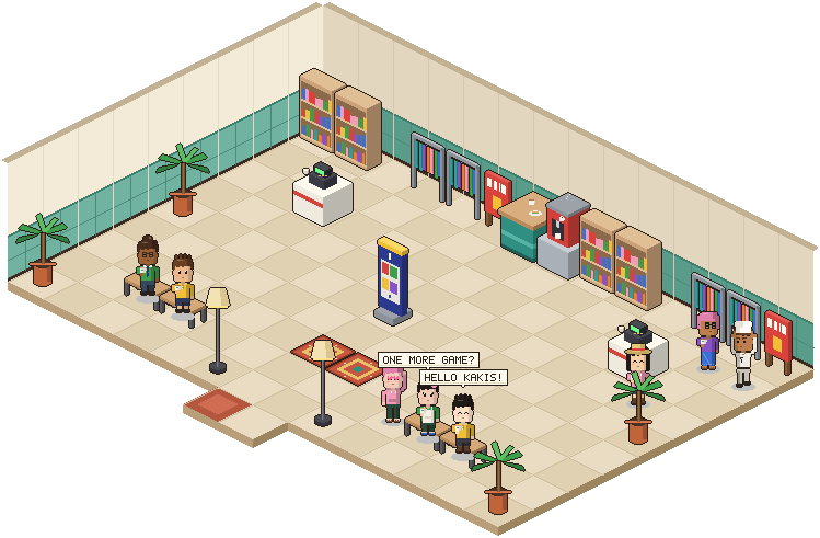 A pixel-art mall with shop shelves, clothes racks and a mall directory